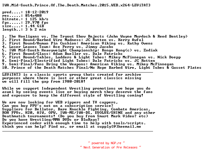 NFO for the release IWA.Mid-South.Prince.Of.The.Death.Matches.2015.WEB.x264-LEViTAT3 by LEViTAT3
