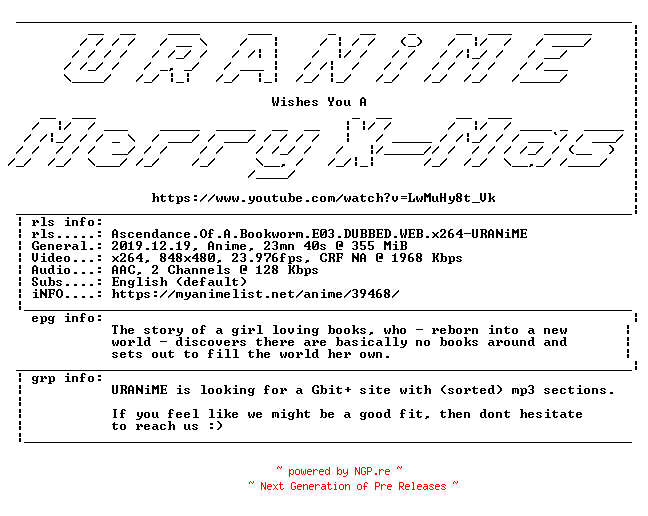 NFO for the release Ascendance.Of.A.Bookworm.E03.DUBBED.WEB.x264-URANiME by URANiME