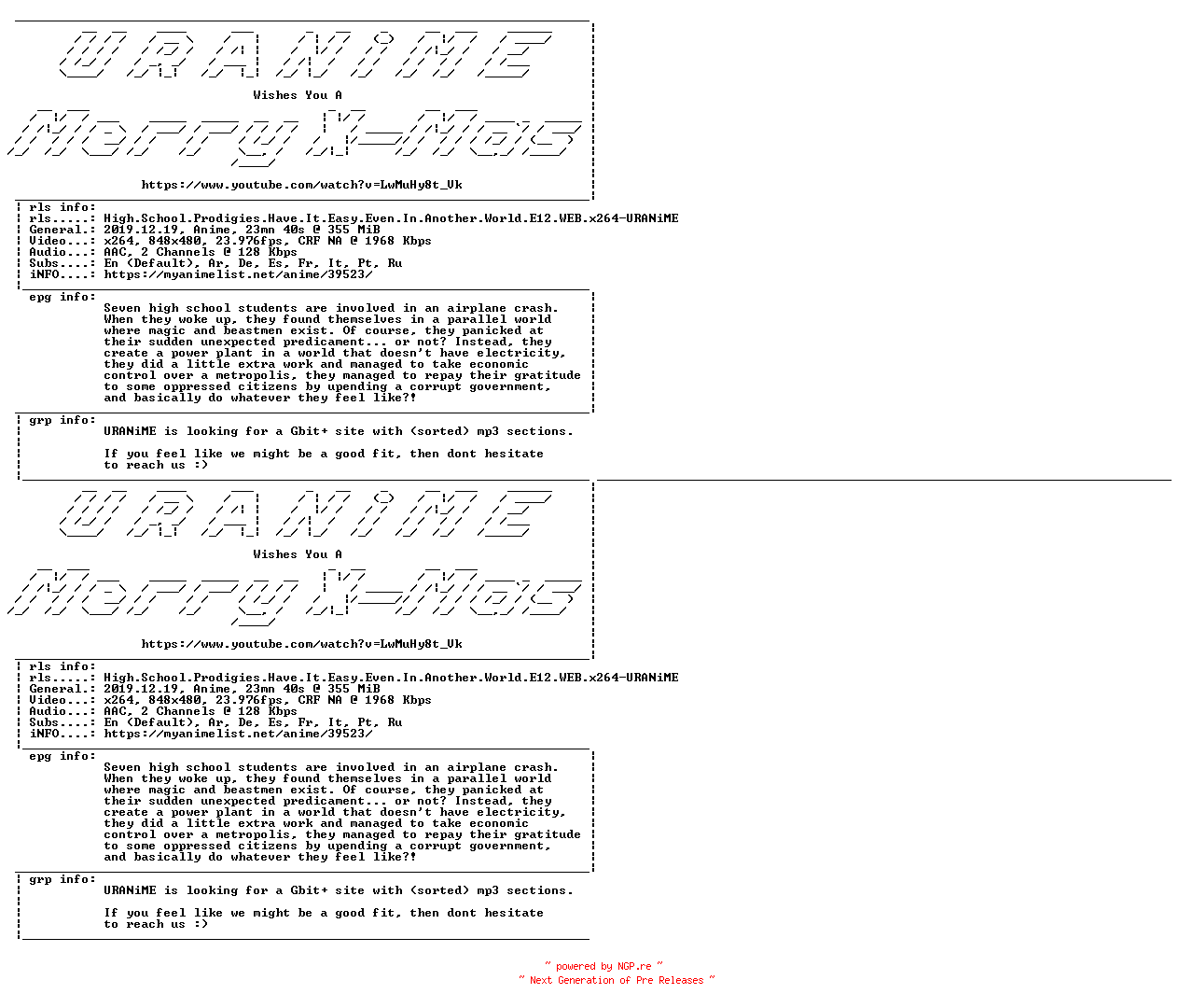 NFO for the release High.School.Prodigies.Have.It.Easy.Even.In.Another.World.E12.WEB.x264-URANiME by URANiME