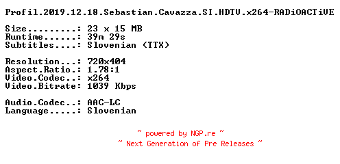 NFO for the release Profil.2019.12.18.Sebastian.Cavazza.SI.HDTV.x264-RADiOACTiVE by RADiOACTiVE