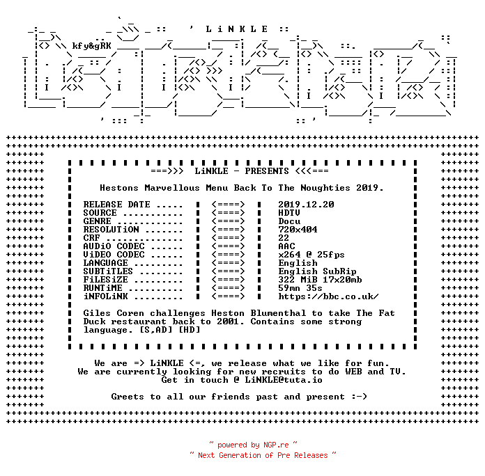 NFO for the release Hestons.Marvellous.Menu.Back.To.The.Noughties.2019.HDTV.x264-LiNKLE by LiNKLE