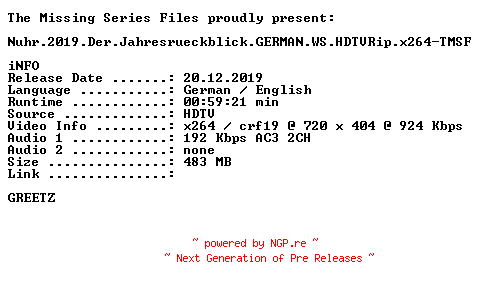 NFO for the release Nuhr.2019.Der.Jahresrueckblick.GERMAN.WS.HDTVRip.x264-TMSF by TMSF