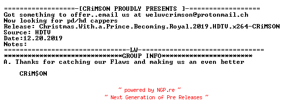 NFO for the release Christmas.With.a.Prince.Becoming.Royal.2019.HDTV.x264-CRiMSON by CRiMSON