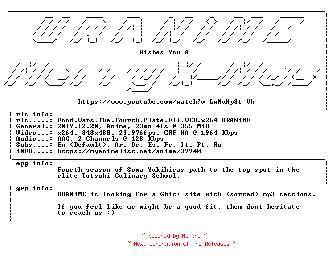 NFO for the release Food.Wars.The.Fourth.Plate.E11.WEB.x264-URANiME by URANiME