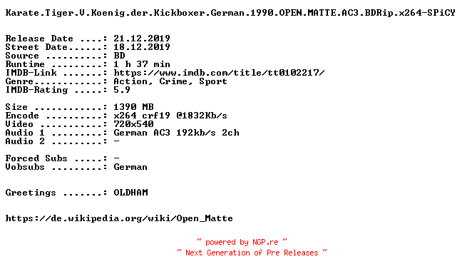 NFO for the release Karate.Tiger.V.Koenig.der.Kickboxer.German.1990.OPEN.MATTE.AC3.BDRip.x264-SPiCY by SPiCY