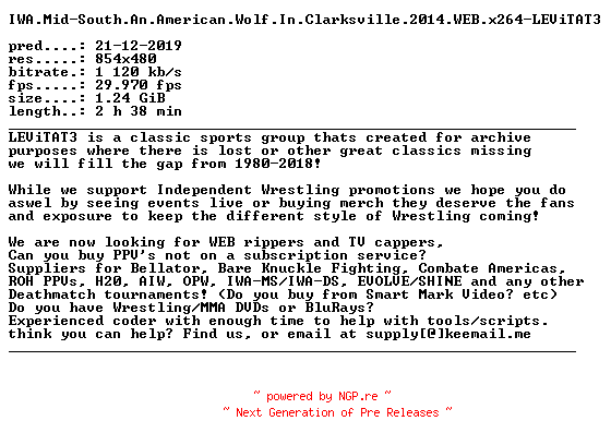 NFO for the release IWA.Mid-South.An.American.Wolf.In.Clarksville.2014.WEB.x264-LEViTAT3 by LEViTAT3