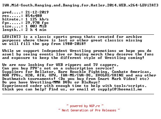 NFO for the release IWA.Mid-South.Hanging.and.Banging.for.Hatler.2014.WEB.x264-LEViTAT3 by LEViTAT3