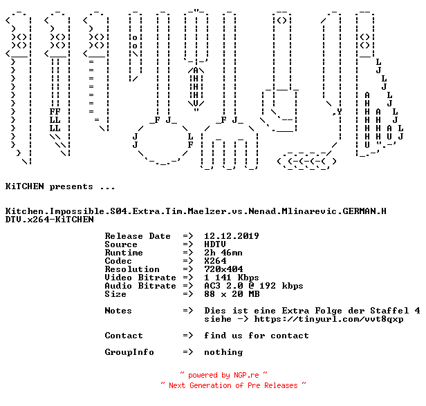 NFO for the release Kitchen.Impossible.S04.Extra.Tim.Maelzer.vs.Nenad.Mlinarevic.GERMAN.HDTV.x264-KiTCHEN by KiTCHEN