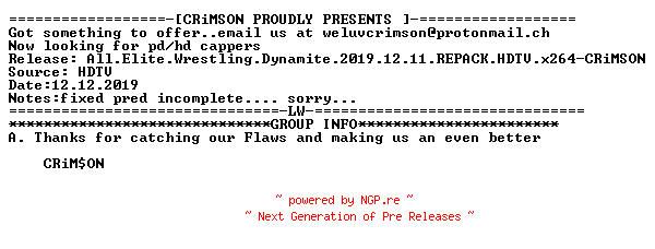 NFO for the release All.Elite.Wrestling.Dynamite.2019.12.11.REPACK.HDTV.x264-CRiMSON by CRiMSON