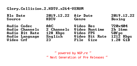 NFO for the release Glory.Collision.2.HDTV.x264-VERUM by VERUM