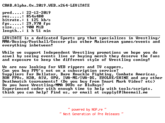 NFO for the release CRAB.Alpha.Ox.2019.WEB.x264-LEViTATE by LEViTATE