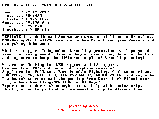 NFO for the release CRAB.Vice.Effect.2019.WEB.x264-LEViTATE by LEViTATE