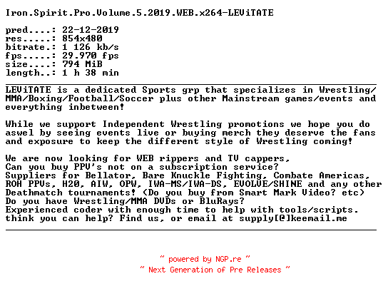 NFO for the release Iron.Spirit.Pro.Volume.5.2019.WEB.x264-LEViTATE by LEViTATE