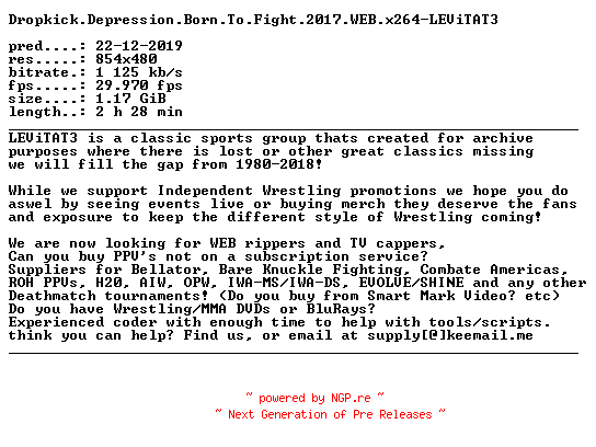 NFO for the release Dropkick.Depression.Born.To.Fight.2017.WEB.x264-LEViTAT3 by LEViTAT3