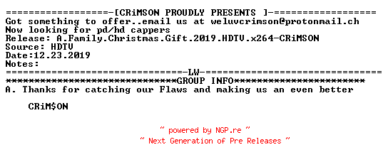 NFO for the release A.Family.Christmas.Gift.2019.HDTV.x264-CRiMSON by CRiMSON