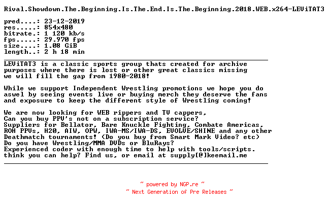 NFO for the release Rival.Showdown.The.Beginning.Is.The.End.Is.The.Beginning.2018.WEB.x264-LEViTAT3 by LEViTAT3