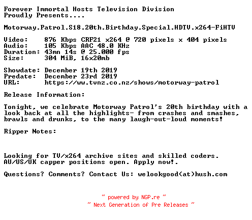NFO for the release Motorway.Patrol.S18.20th.Birthday.Special.HDTV.x264-FiHTV by FiHTV