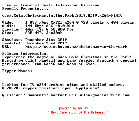 NFO for the release Coca.Cola.Christmas.In.The.Park.2019.HDTV.x264-FiHTV by FiHTV
