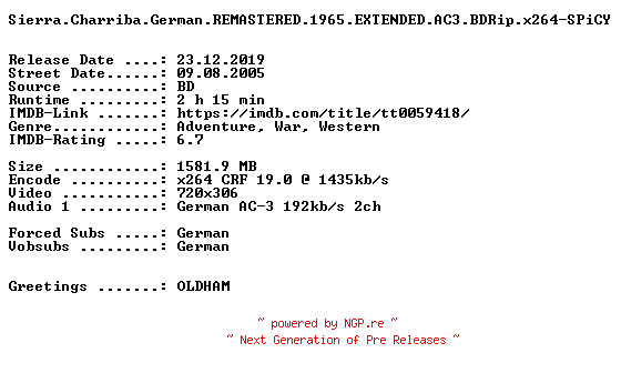 NFO for the release Sierra.Charriba.German.REMASTERED.1965.EXTENDED.AC3.BDRip.x264-SPiCY by SPiCY