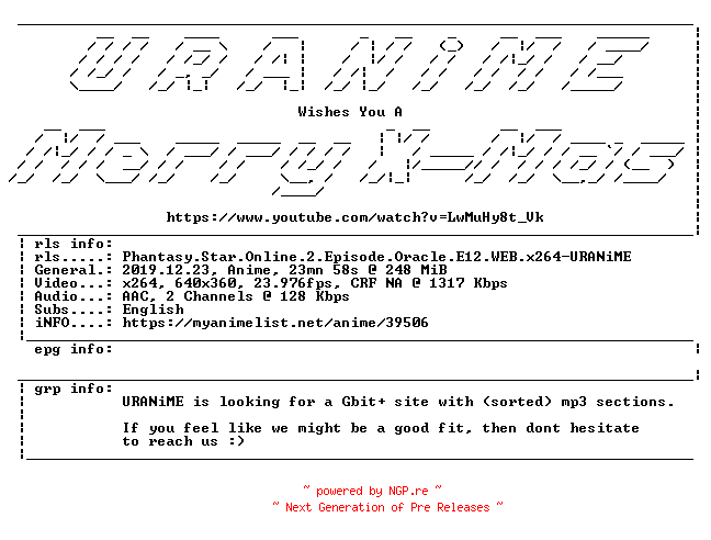 NFO for the release Phantasy.Star.Online.2.Episode.Oracle.E12.WEB.x264-URANiME by URANiME