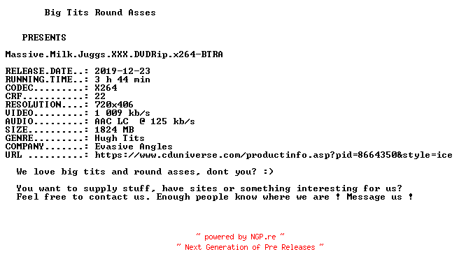 NFO for the release Massive.Milk.Juggs.XXX.DVDRip.x264-BTRA by BTRA
