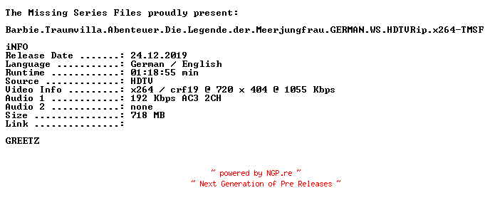NFO for the release Barbie.Traumvilla.Abenteuer.Die.Legende.der.Meerjungfrau.GERMAN.WS.HDTVRip.x264-TMSF by TMSF