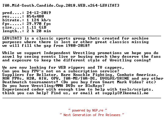 NFO for the release IWA.Mid-South.Candido.Cup.2018.WEB.x264-LEViTAT3 by LEViTAT3