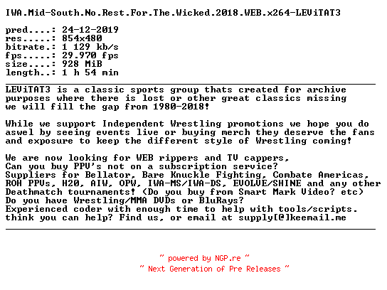 NFO for the release IWA.Mid-South.No.Rest.For.The.Wicked.2018.WEB.x264-LEViTAT3 by LEViTAT3