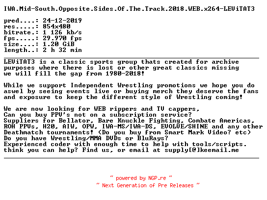 NFO for the release IWA.Mid-South.Opposite.Sides.Of.The.Track.2018.WEB.x264-LEViTAT3 by LEViTAT3