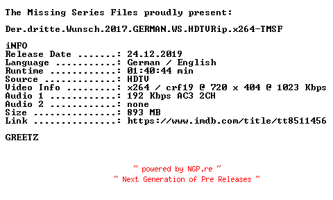 NFO for the release Der.dritte.Wunsch.2017.GERMAN.WS.HDTVRip.x264-TMSF by TMSF