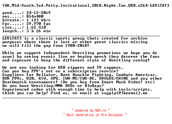NFO for the release IWA.Mid-South.Ted.Petty.Invitational.2018.Night.Two.WEB.x264-LEViTAT3 by LEViTAT3