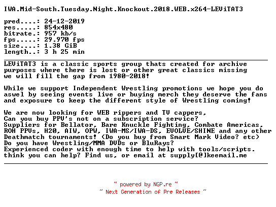 NFO for the release IWA.Mid-South.Tuesday.Night.Knockout.2018.WEB.x264-LEViTAT3 by LEViTAT3