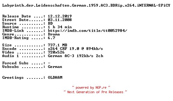 NFO for the release Labyrinth.der.Leidenschaften.German.1959.AC3.BDRip.x264.iNTERNAL-SPiCY by SPiCY