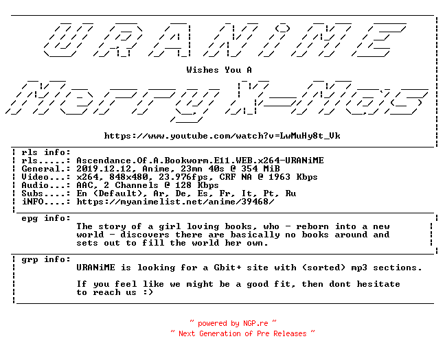 NFO for the release Ascendance.Of.A.Bookworm.E11.WEB.x264-URANiME by URANiME