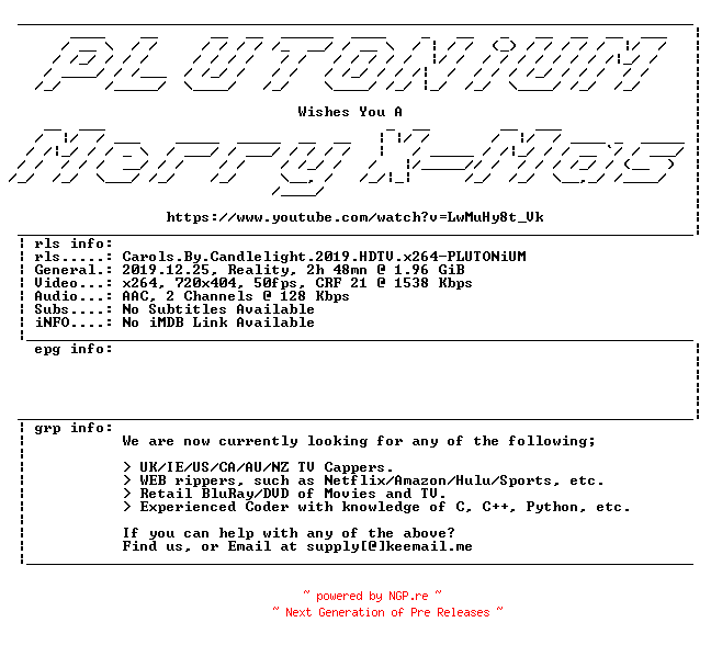 NFO for the release Carols.By.Candlelight.2019.HDTV.x264-PLUTONiUM by PLUTONiUM