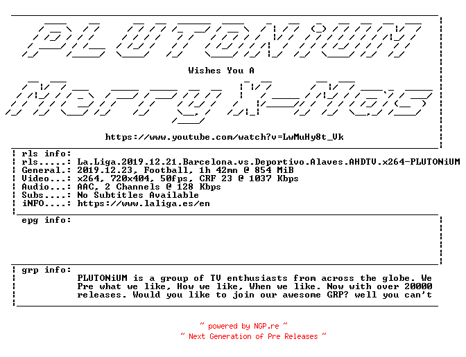NFO for the release La.Liga.2019.12.21.Barcelona.vs.Deportivo.Alaves.AHDTV.x264-PLUTONiUM by PLUTONiUM