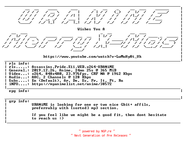 NFO for the release Assassins.Pride.E11.WEB.x264-URANiME by URANiME