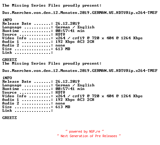 NFO for the release Das.Maerchen.von.den.12.Monaten.2019.GERMAN.WS.HDTVRip.x264-TMSF by TMSF