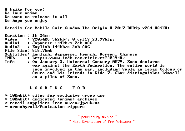 NFO for the release Mobile.Suit.Gundam.The.Origin.V.2017.BDRip.x264-HAiKU by HAiKU