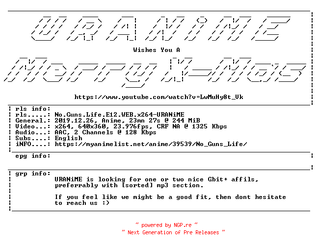 NFO for the release No.Guns.Life.E12.WEB.x264-URANiME by URANiME