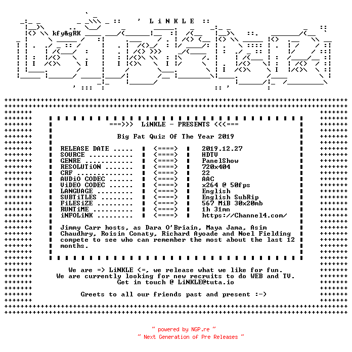 NFO for the release Big.Fat.Quiz.Of.The.Year.2019.HDTV.x264-LiNKLE by LiNKLE