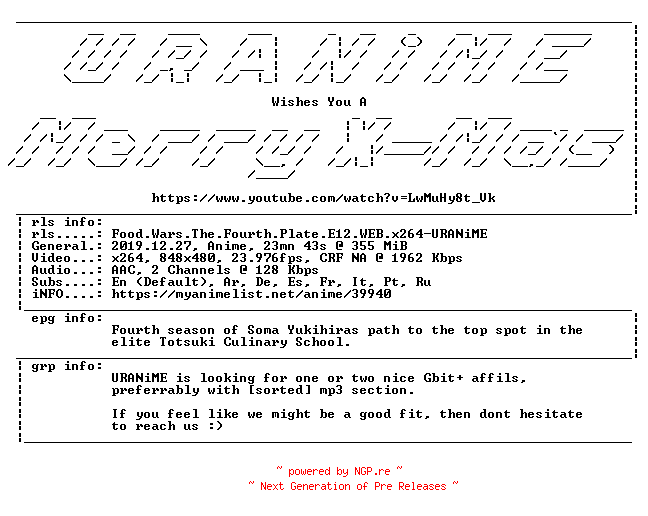 NFO for the release Food.Wars.The.Fourth.Plate.E12.WEB.x264-URANiME by URANiME