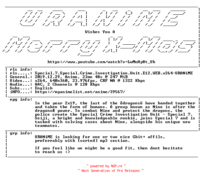 NFO for the release Special.7.Special.Crime.Investigation.Unit.E12.WEB.x264-URANiME by URANiME