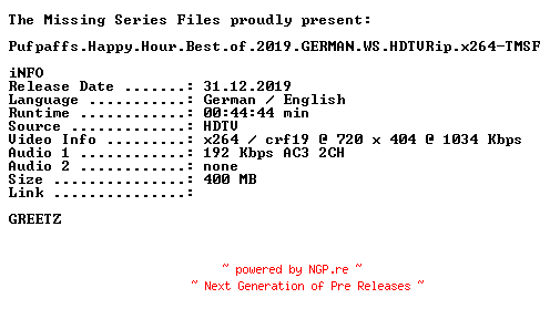 NFO for the release Pufpaffs.Happy.Hour.Best.of.2019.GERMAN.WS.HDTVRip.x264-TMSF by TMSF