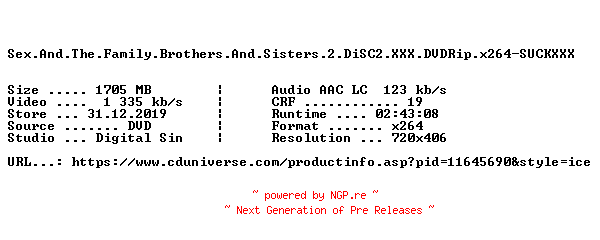 NFO for the release Sex.And.The.Family.Brothers.And.Sisters.2.DiSC2.XXX.DVDRip.x264-SUCKXXX by SUCKXXX