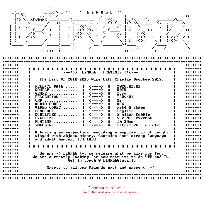 NFO for the release The.Best.Of.2010-2015.Wipe.With.Charlie.Brooker.2019.HDTV.x264-LiNKLE by LiNKLE