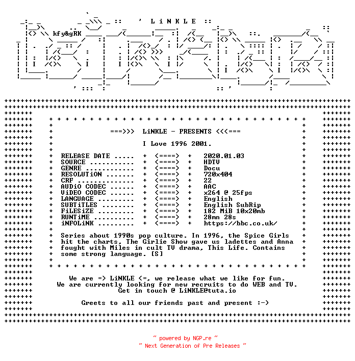 NFO for the release I.Love.1996.2001.PDTV.x264-LiNKLE by LiNKLE