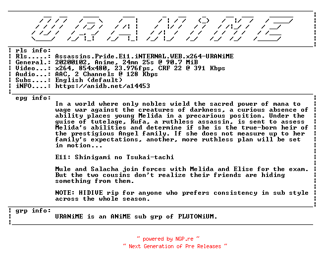 NFO for the release Assassins.Pride.E11.iNTERNAL.WEB.x264-URANiME by URANiME
