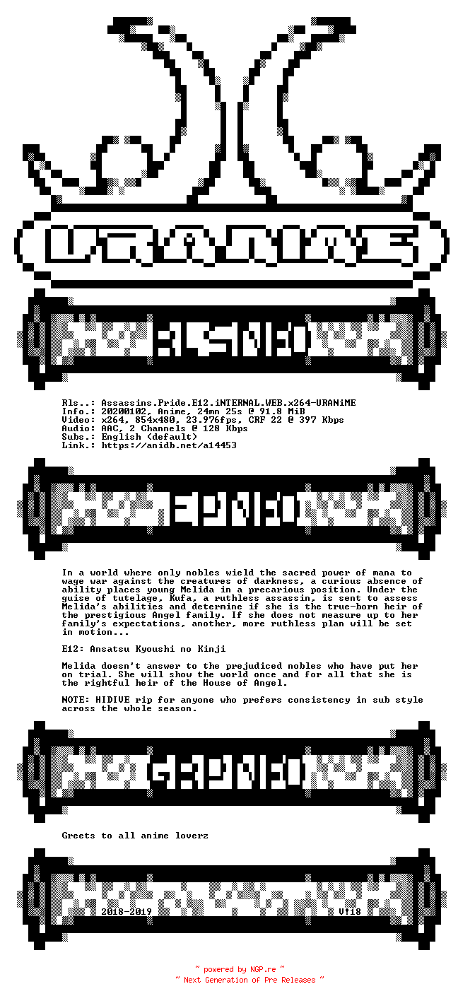 NFO for the release Assassins.Pride.E12.iNTERNAL.WEB.x264-URANiME by URANiME