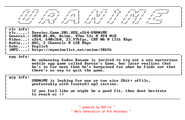 NFO for the release Darwins.Game.E01.WEB.x264-URANiME by URANiME